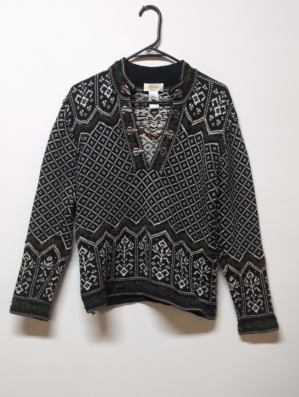Talbots Vintage Fair Isle Silver Toggles Black Holiday Sweater, Size S